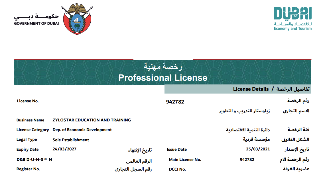 Professional license for Zylostar Education and Training